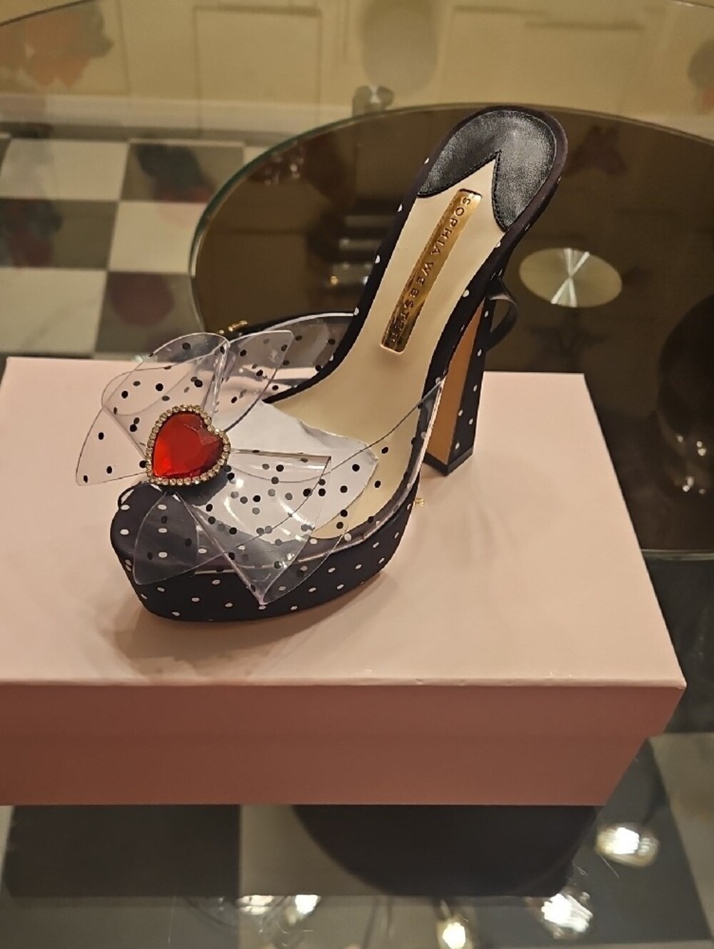New Sophia Webster Black Polka Dot Platform Sandal with Clear Bow and Red Heart - Picture 4 of 7